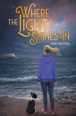 Cover for Where the Light Shines In shows a young teen girl in a blue hoodie and red Converse sneakers standing on a beach facing out to the sea. In the distance, a white-and-green ferryboat can be seen passing by. At the girl's feet is a black-and-white Boston Terrier. A stormy, late-afternoon sky is overhead, with pinkish-orange rays of sun breaking through the clouds. The title font is rendered in swirly, variegated golden letters.