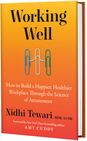 Cover for Working Well, showing three paper clips, blue, white, and green, interconnected on an orange background. The book title and author’s name are in bold font and the subtitle is in white font.