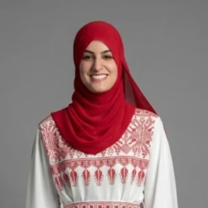 Yasmeen Abdellatif, a Palestinian woman with a red head scarf, is looking at the viewer with a smile. She is wearing a white dress with red embroidery.